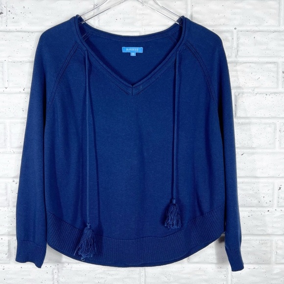 BURGESS The Tess Poncho Sweater | Hello Sailor Navy Blue V-neck Tassel Tie - Picture 2 of 7